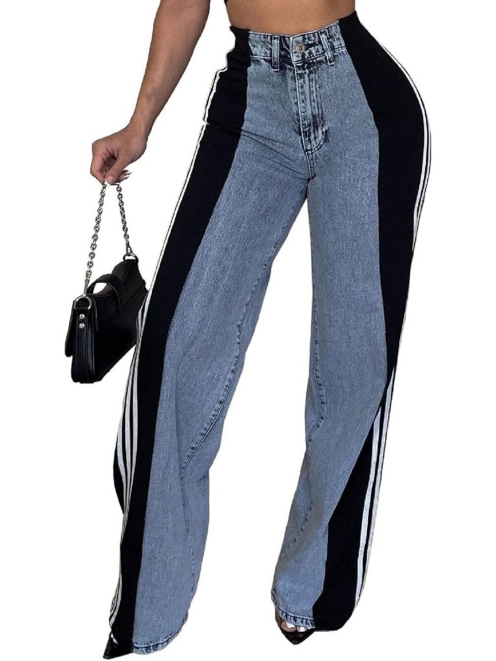 High-Waisted Wide Leg Denim Jeans with Stripe Patchwork - Loose Fit Women's